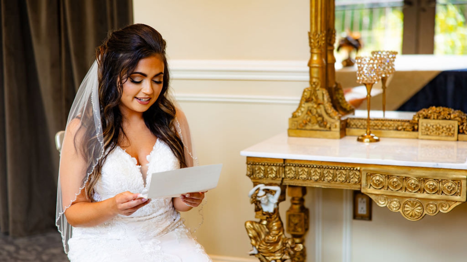 A bride at Vault 634 reading a note from her husband